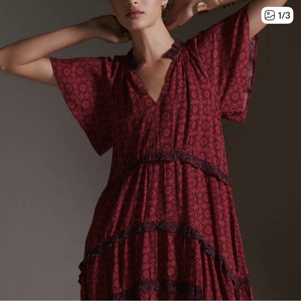Anthropologie Burgundy Printed V-Neck Midi Dress, NWT, size XS
